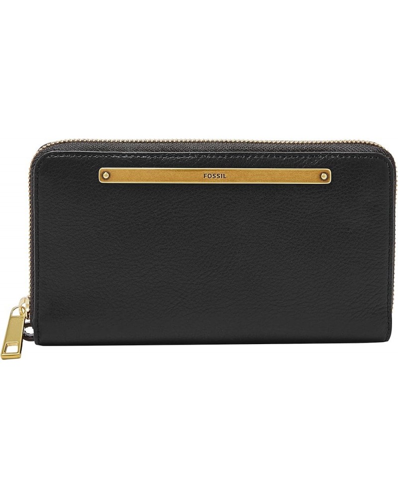 Women's Liza Leather Zip Around Clutch Wallet With Retractable Wristlet Strap for Women Black W/ Brass $60.75 Clutches