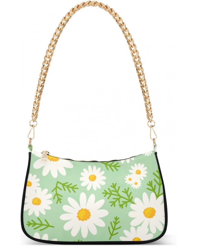 Women Chain Shoulder Purse Bag With Zipper White Daisy Daisy Cute Pattern Print, Floral Spring Summer Flower Hobo Tote Clutch...