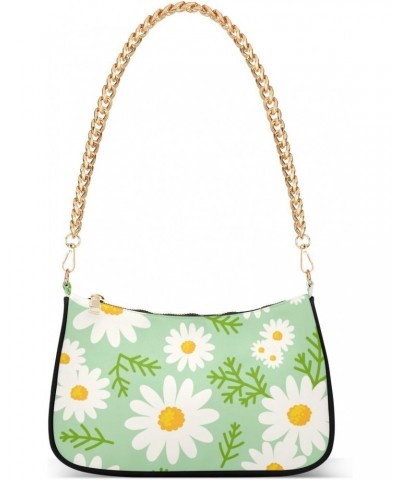 Women Chain Shoulder Purse Bag With Zipper White Daisy Daisy Cute Pattern Print, Floral Spring Summer Flower Hobo Tote Clutch...