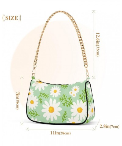 Women Chain Shoulder Purse Bag With Zipper White Daisy Daisy Cute Pattern Print, Floral Spring Summer Flower Hobo Tote Clutch...