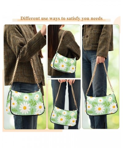 Women Chain Shoulder Purse Bag With Zipper White Daisy Daisy Cute Pattern Print, Floral Spring Summer Flower Hobo Tote Clutch...