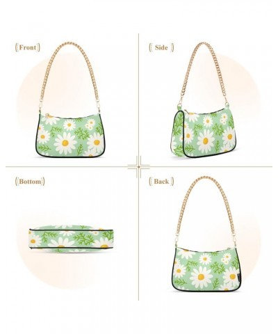 Women Chain Shoulder Purse Bag With Zipper White Daisy Daisy Cute Pattern Print, Floral Spring Summer Flower Hobo Tote Clutch...