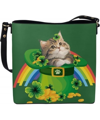 Hobo Bags for Women PU Leather Handbag Crossbody Bucket Tote Purse Ladies Shoulder Bags Funny Cat St. Patricks Day $22.09 Totes