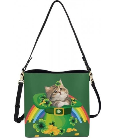 Hobo Bags for Women PU Leather Handbag Crossbody Bucket Tote Purse Ladies Shoulder Bags Funny Cat St. Patricks Day $22.09 Totes