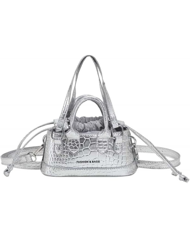 Women's Small Crossbody Purse Bucket Satchel Shoulder Bag Snakeskin Double Handle Bag Silver One Size Silver $14.69 Satchels