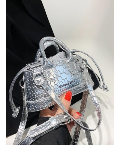 Women's Small Crossbody Purse Bucket Satchel Shoulder Bag Snakeskin Double Handle Bag Silver One Size Silver $14.69 Satchels