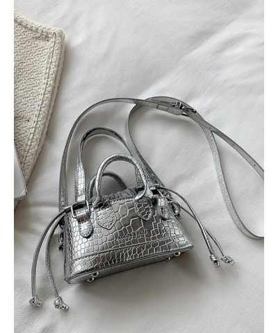 Women's Small Crossbody Purse Bucket Satchel Shoulder Bag Snakeskin Double Handle Bag Silver One Size Silver $14.69 Satchels