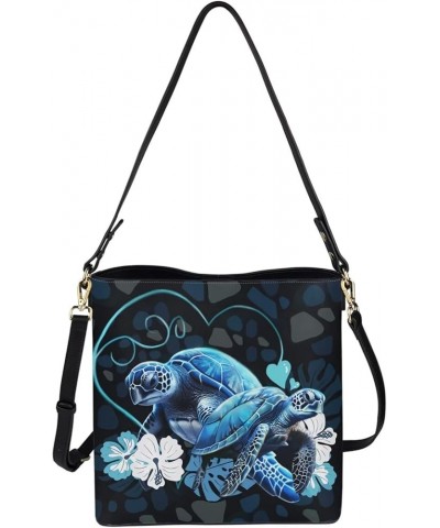 Women Bucket Bags Leather Purse Handbag Shoulder Bag for Ladies Purse Crossbody Wallet Bag Blue Sea Turtle Floral $20.68 Totes