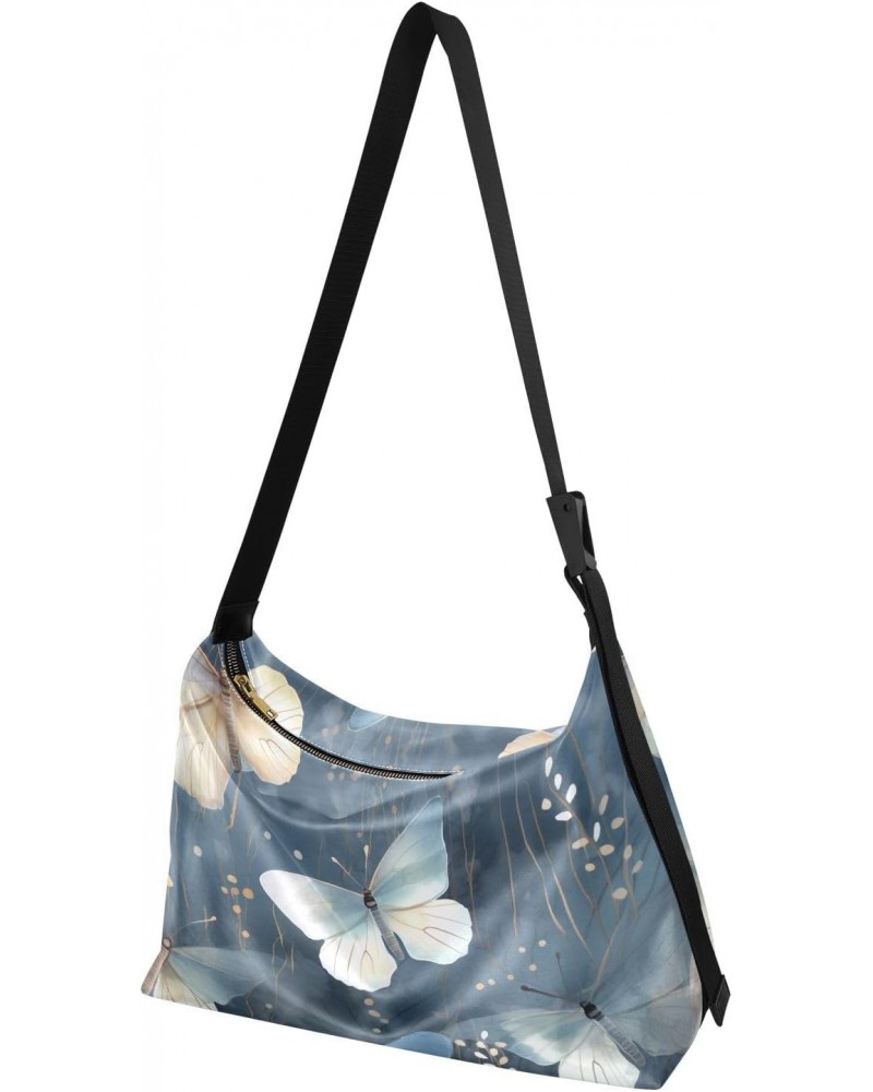 Watercolor Butterflies Blue Hobo Shoulder Bag for Women Men PU Leather Crossbody Bag Slouchy Tote Handbags for Working Travel...