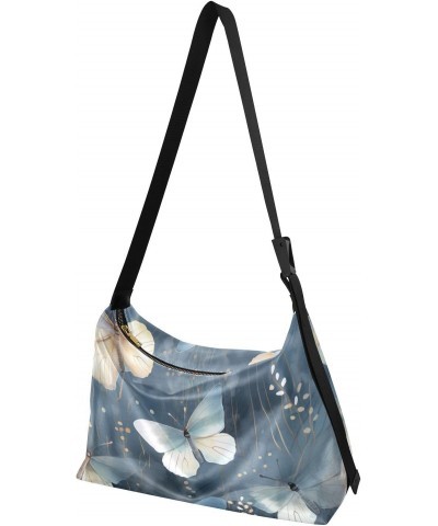 Watercolor Butterflies Blue Hobo Shoulder Bag for Women Men PU Leather Crossbody Bag Slouchy Tote Handbags for Working Travel...