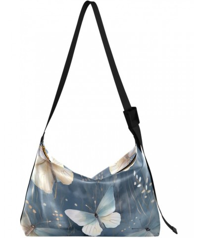 Watercolor Butterflies Blue Hobo Shoulder Bag for Women Men PU Leather Crossbody Bag Slouchy Tote Handbags for Working Travel...