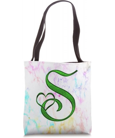 Green Heart Letter S Vein Rainbow Paint Tie Dye Initial Name Tote Bag $10.71 Totes