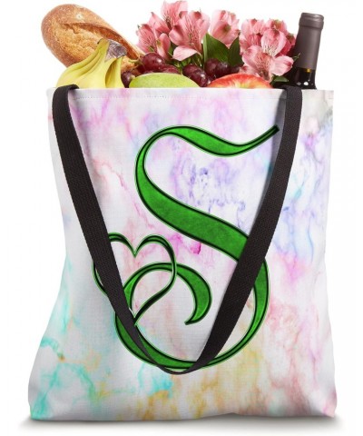 Green Heart Letter S Vein Rainbow Paint Tie Dye Initial Name Tote Bag $10.71 Totes