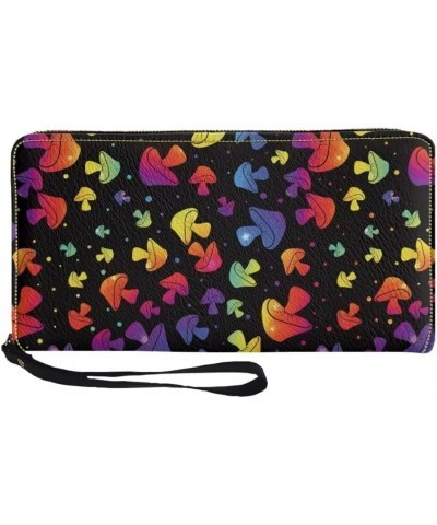 Colorful Mushroom Black Women's Wallet Leather Clutch Ladies Travel Purse Zipped Large Multi Card Organizer with Wristlet Mus...