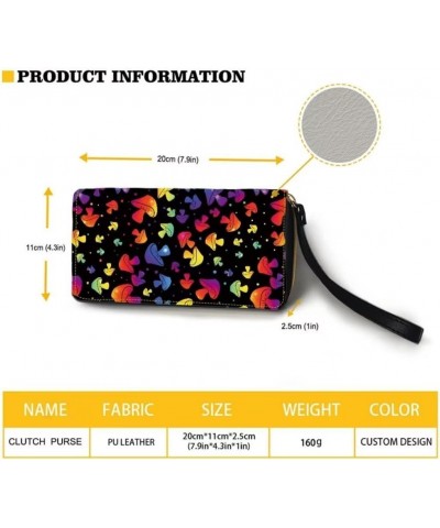 Colorful Mushroom Black Women's Wallet Leather Clutch Ladies Travel Purse Zipped Large Multi Card Organizer with Wristlet Mus...