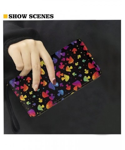 Colorful Mushroom Black Women's Wallet Leather Clutch Ladies Travel Purse Zipped Large Multi Card Organizer with Wristlet Mus...