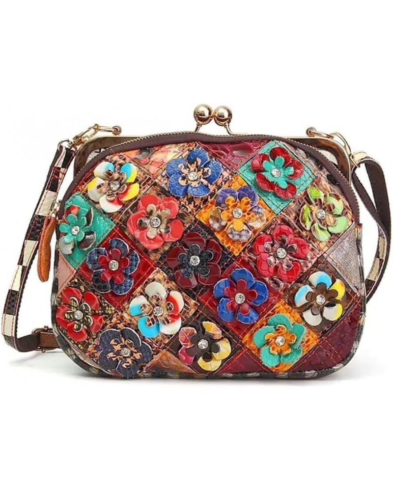 3D Multicolor Floral Purse for Women Shiny Genuine Leather Handbag Kiss Lock Shoulder Bag Colourful Patchwork Satchel Multico...