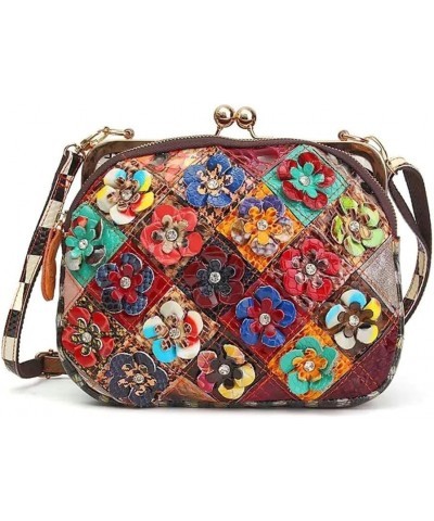 3D Multicolor Floral Purse for Women Shiny Genuine Leather Handbag Kiss Lock Shoulder Bag Colourful Patchwork Satchel Multico...