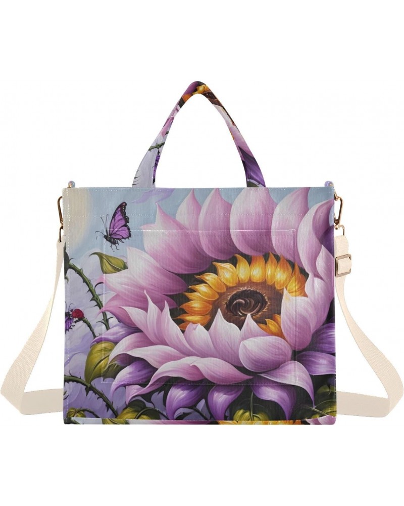 Corduroy Tote Bag for Women Purple Sunflower Print, Handbag Purses with Detachable Strap Size Small $16.51 Crossbody Bags