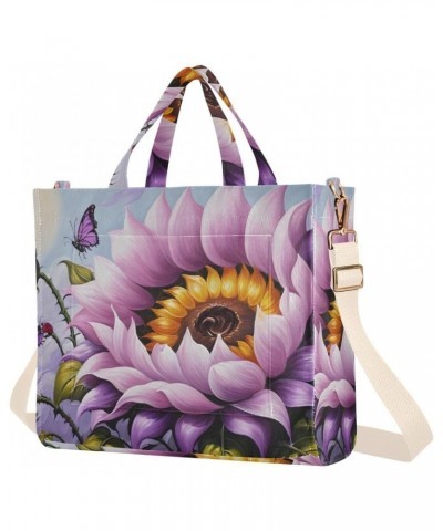 Corduroy Tote Bag for Women Purple Sunflower Print, Handbag Purses with Detachable Strap Size Small $16.51 Crossbody Bags