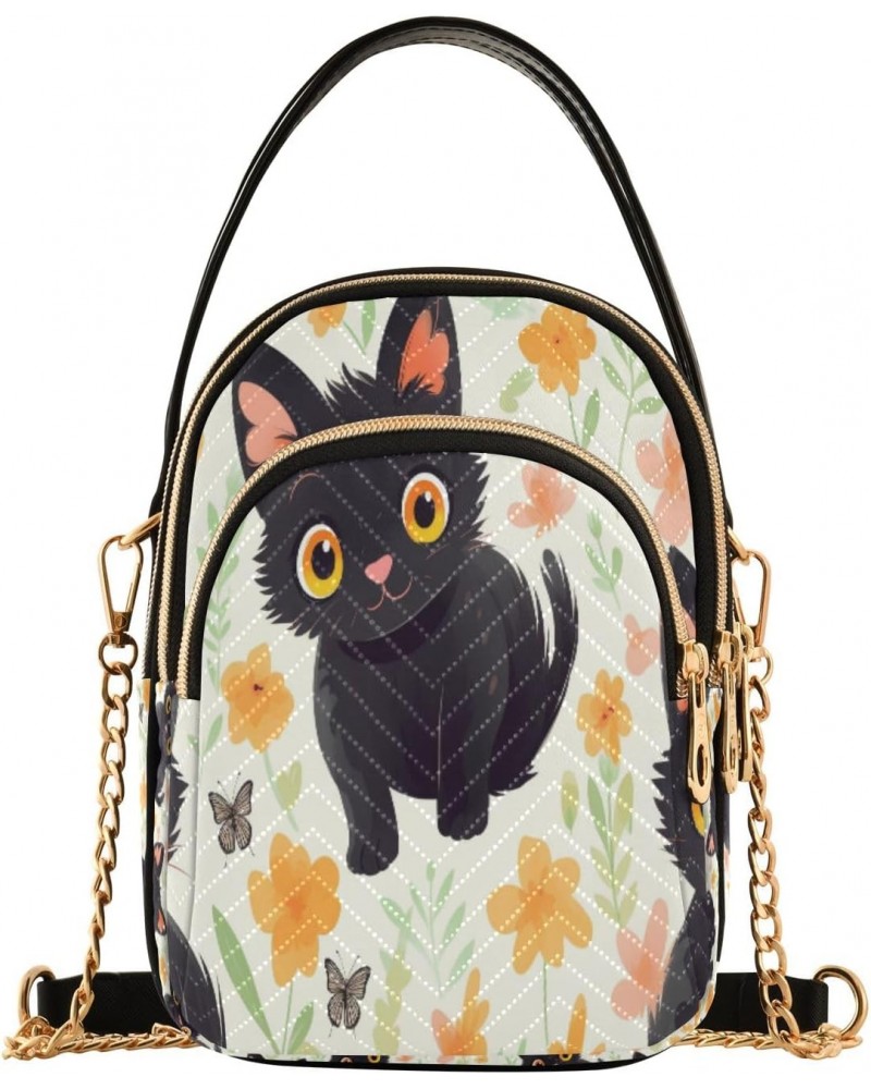 Black Cat in Flowers Crossbody Handbags for Women Casual Leather Shoulder Phone Purse $14.81 Crossbody Bags