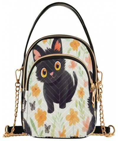 Black Cat in Flowers Crossbody Handbags for Women Casual Leather Shoulder Phone Purse $14.81 Crossbody Bags