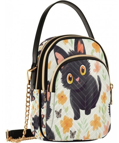 Black Cat in Flowers Crossbody Handbags for Women Casual Leather Shoulder Phone Purse $14.81 Crossbody Bags