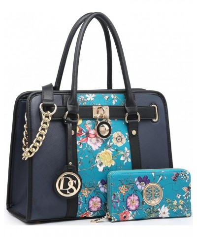 Women Ladies Handbags Purses Top Handle Satchel Tote Work Bag Shoulder Hobo Bag with Wallet Set 2pcs Blue Floral/Navy $37.69 ...