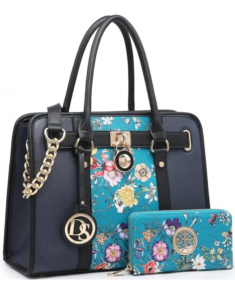 Women Ladies Handbags Purses Top Handle Satchel Tote Work Bag Shoulder Hobo Bag with Wallet Set 2pcs Blue Floral/Navy $37.69 ...