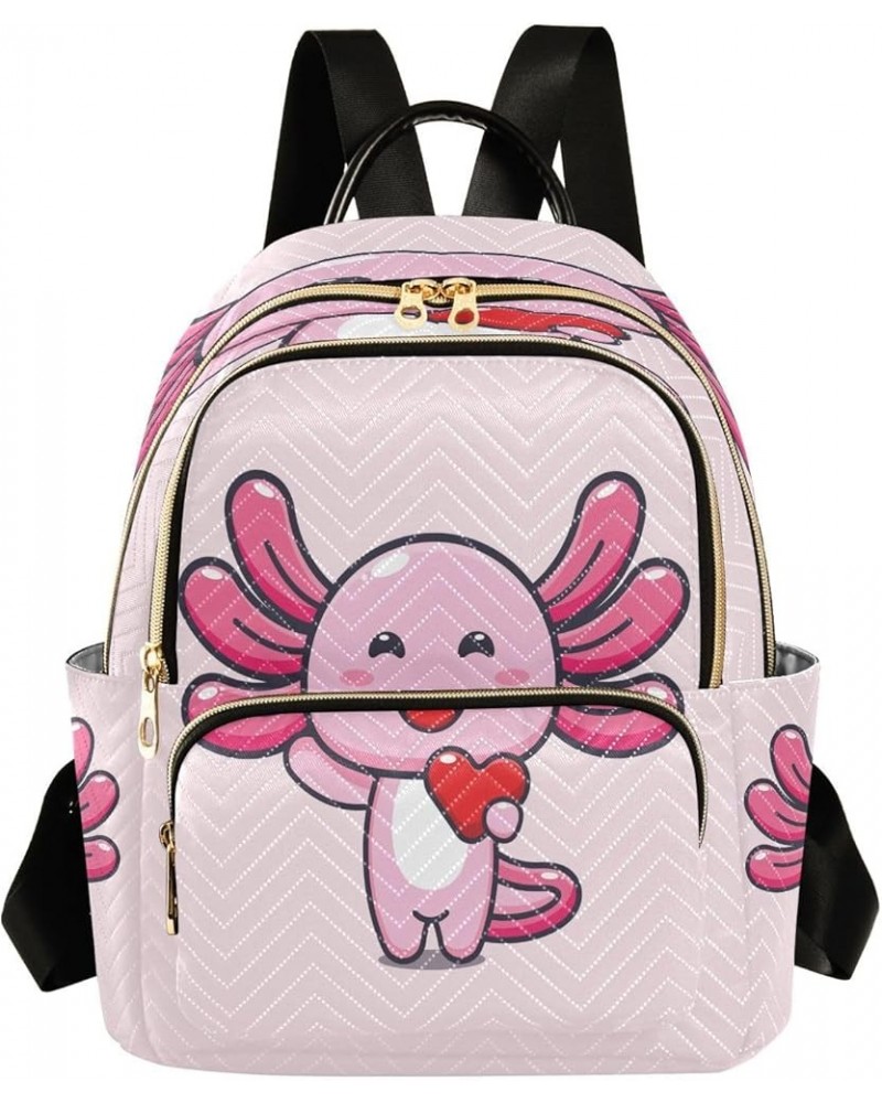 Backpack Purse for Women Valentine's Day Cute Axolotl, Mini Fashion Backpack Red Heart Lightweight Casual Daypack Shoulder Ba...