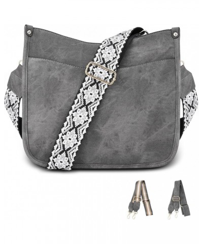 Crossbody Bags Purse for Women Trendy,Vegan Leather Boho Hobo Handbag with 3PCS Adjustable Guitar Strap Gray $18.24 Hobo Bags