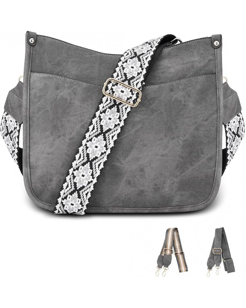 Crossbody Bags Purse for Women Trendy,Vegan Leather Boho Hobo Handbag with 3PCS Adjustable Guitar Strap Gray $18.24 Hobo Bags