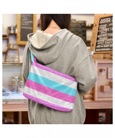 Women Boho Handbag Horizontal Lines Pink White Blue Underarm Bag Tote Bag Shoulder Bag Crossbody Bag Fluffy Cell Phone Purse ...