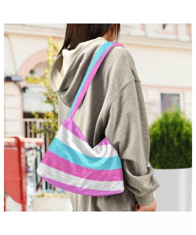 Women Boho Handbag Horizontal Lines Pink White Blue Underarm Bag Tote Bag Shoulder Bag Crossbody Bag Fluffy Cell Phone Purse ...