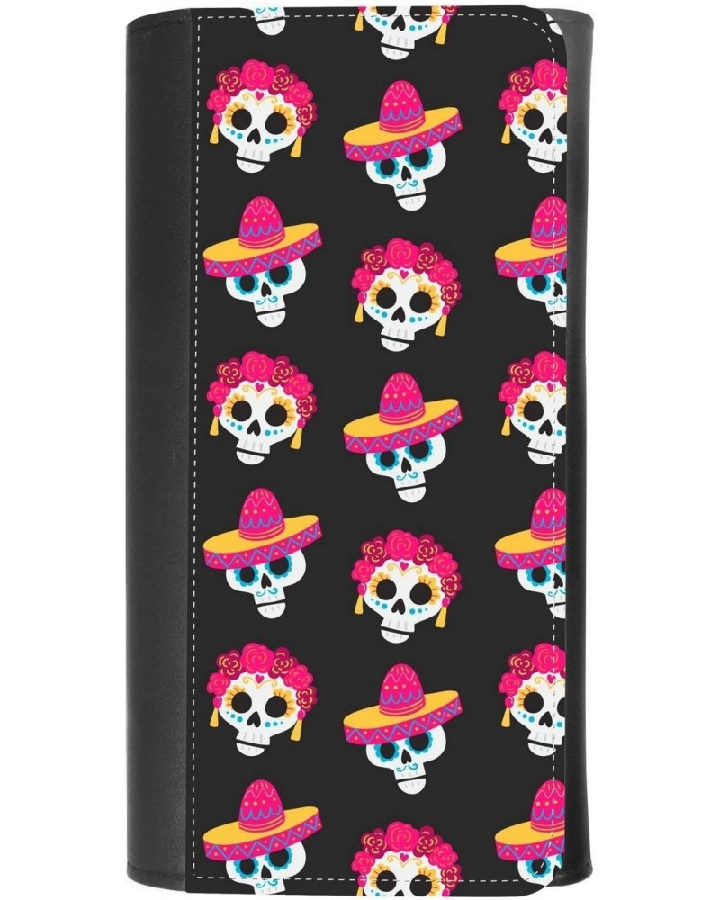 (Dia de los muertos mexico pattern with skulls?) women's Patterned Leather Buckle Trifold Wallet Bag Pouch Holster With Credi...