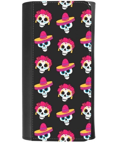 (Dia de los muertos mexico pattern with skulls?) women's Patterned Leather Buckle Trifold Wallet Bag Pouch Holster With Credi...