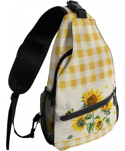 Sling Bag Crossbody Bag for Women Men Farm Flower Sunflower Honey Bee Yellow Plaid Waterproof Hiking Backpack Lightweight Che...