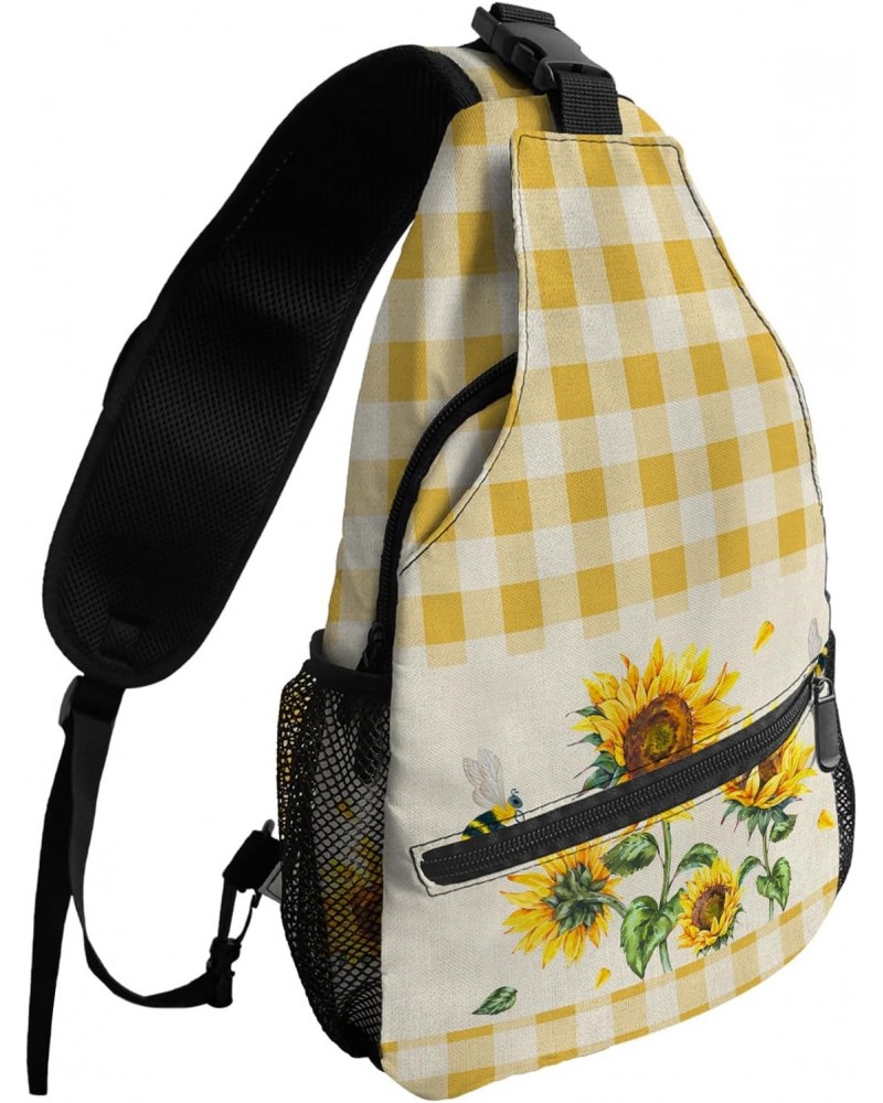 Sling Bag Crossbody Bag for Women Men Farm Flower Sunflower Honey Bee Yellow Plaid Waterproof Hiking Backpack Lightweight Che...