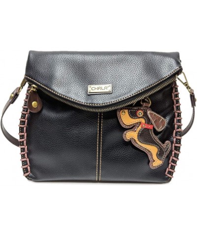 Charming Crossbody Bag With Flap Top and Zipper, Shoulder Handbag with Leather Keyfob - BLACK Wiener Dog $24.40 Crossbody Bags