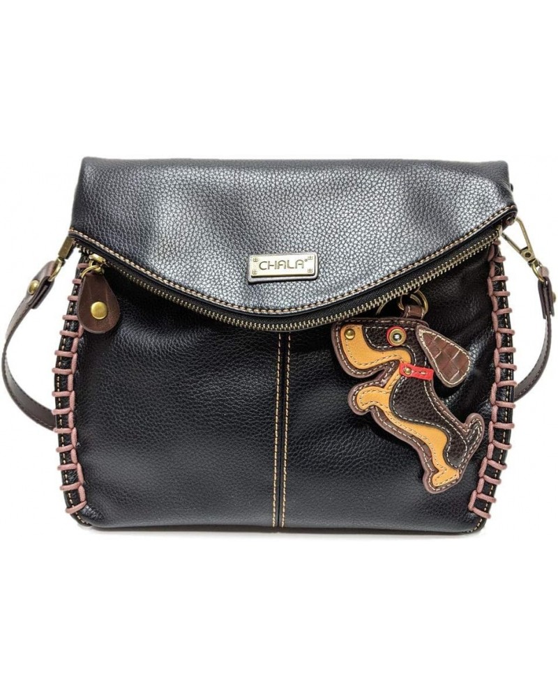 Charming Crossbody Bag With Flap Top and Zipper, Shoulder Handbag with Leather Keyfob - BLACK Wiener Dog $24.40 Crossbody Bags