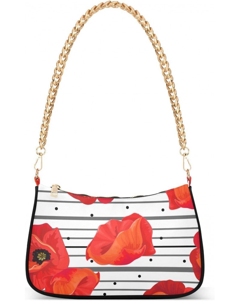 Red Poppies Stripes White Shoulder Bag for Women Small Purse Clutch Purse Mini Shoulder Bag with Chain Strap for Wife Women $...