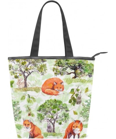 Tote Canvas Shoulder Bag Fox Hare Watercolor Womens Handbag $11.28 Shoulder Bags