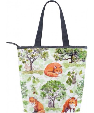 Tote Canvas Shoulder Bag Fox Hare Watercolor Womens Handbag $11.28 Shoulder Bags