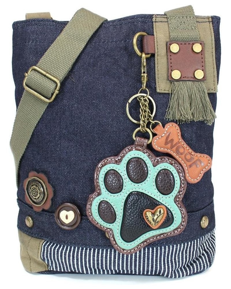 Canvas Denim handbags with Teal Paw Print Key-fob Coin Purse Small Crossbody_navy Teal Paw $31.34 Crossbody Bags