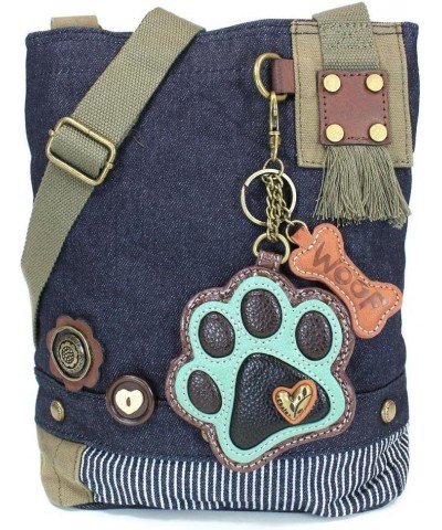 Canvas Denim handbags with Teal Paw Print Key-fob Coin Purse Small Crossbody_navy Teal Paw $31.34 Crossbody Bags