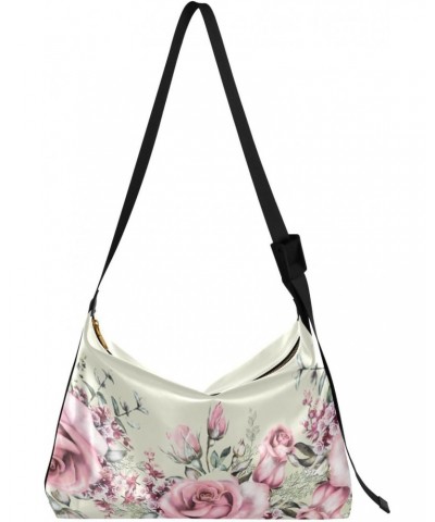 Pink Rose Flower with Leaf Herbs Womens Tote Bag Leather Shoulder Bag For Women Men Large Hobo Cross Body Bags Handbag $13.94...