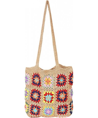 Handwoven Crochet Multicolour Flower Straw Bag - Travel, Beach, Shopping Woven Shoulder Bag for Women Beige $15.60 Shoulder Bags