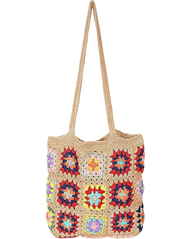 Handwoven Crochet Multicolour Flower Straw Bag - Travel, Beach, Shopping Woven Shoulder Bag for Women Beige $15.60 Shoulder Bags