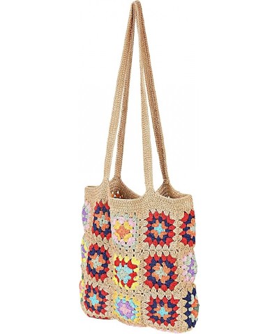 Handwoven Crochet Multicolour Flower Straw Bag - Travel, Beach, Shopping Woven Shoulder Bag for Women Beige $15.60 Shoulder Bags