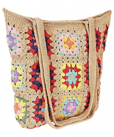 Handwoven Crochet Multicolour Flower Straw Bag - Travel, Beach, Shopping Woven Shoulder Bag for Women Beige $15.60 Shoulder Bags